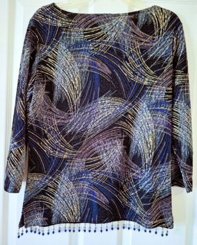 Classy COLDWATER CREEK Women's Blouse Navy Gray Gold with Bling and Beads Sz S - Picture 2 of 4