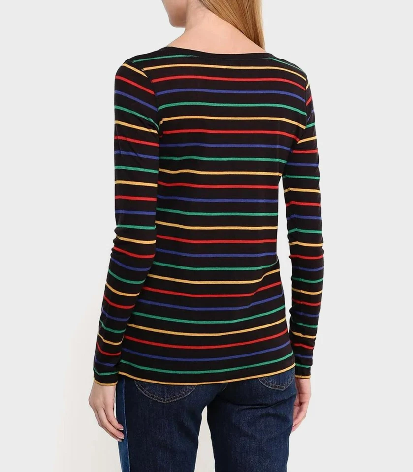 SONIA RYKIEL WOOL BLEND KNIT BLACK TEE TOP LONG SLEEVE NECK SCOOP MULTI STRIPE L - Image 2 of 4