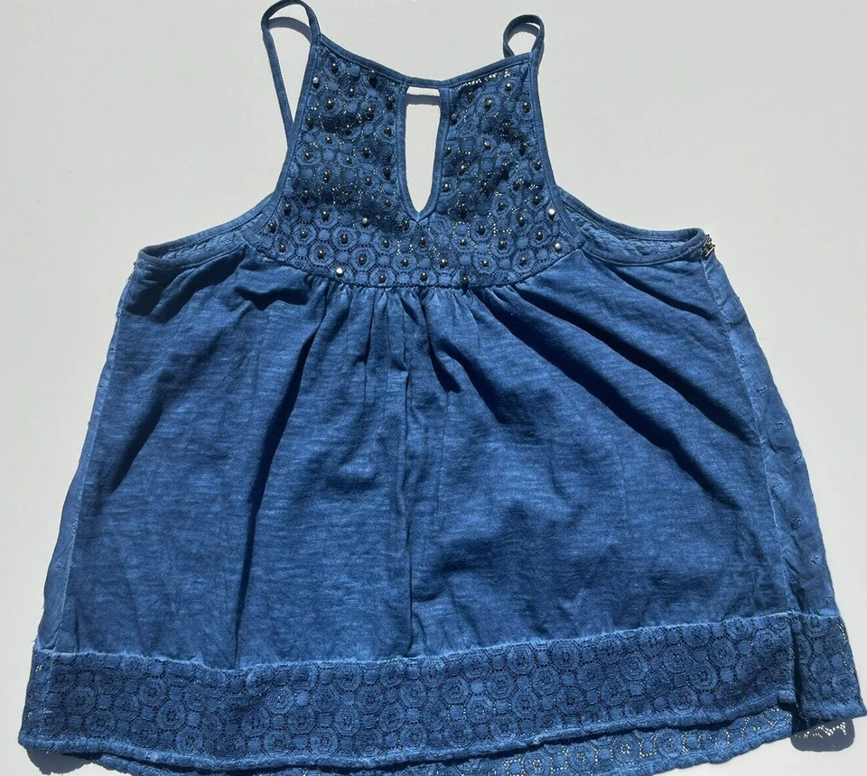 American Rag sleeveless Shirt Size S Indigo Embroidered Beaded Spaghetti Strap - Image 2 of 4
