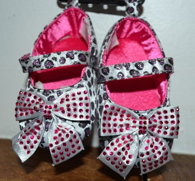 Mary Janes Cheetah Leopard Animal Print Baby Shoes Sandals Pink Gems on Bow 
