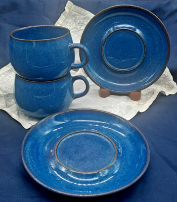 2-VINTAGE DENBY ENGLISH BLUE STONEWARE CUP AND SAUCER SETS Rams head VG