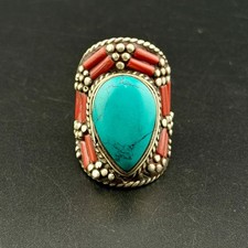Ethnic Tibetan unique handmade design traditional turquoise coral beautiful ring