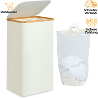 WäSchekorb 100 Liter Faltbar Mit Deckel Bambus Henkel Innentasche Beige Xxl