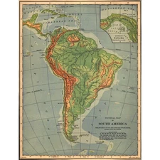 Physical Map of South America 1901 Map V14-1