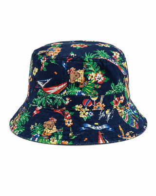 Polo Ralph Lauren Tropical Bear Bucket Hat Panama Hut Hawaii Print   Dunkelblau
