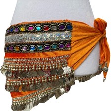 Women O/S Belly Dance Skirt Wrap Silver Coins Dance Costume HipHop Orange Velvet