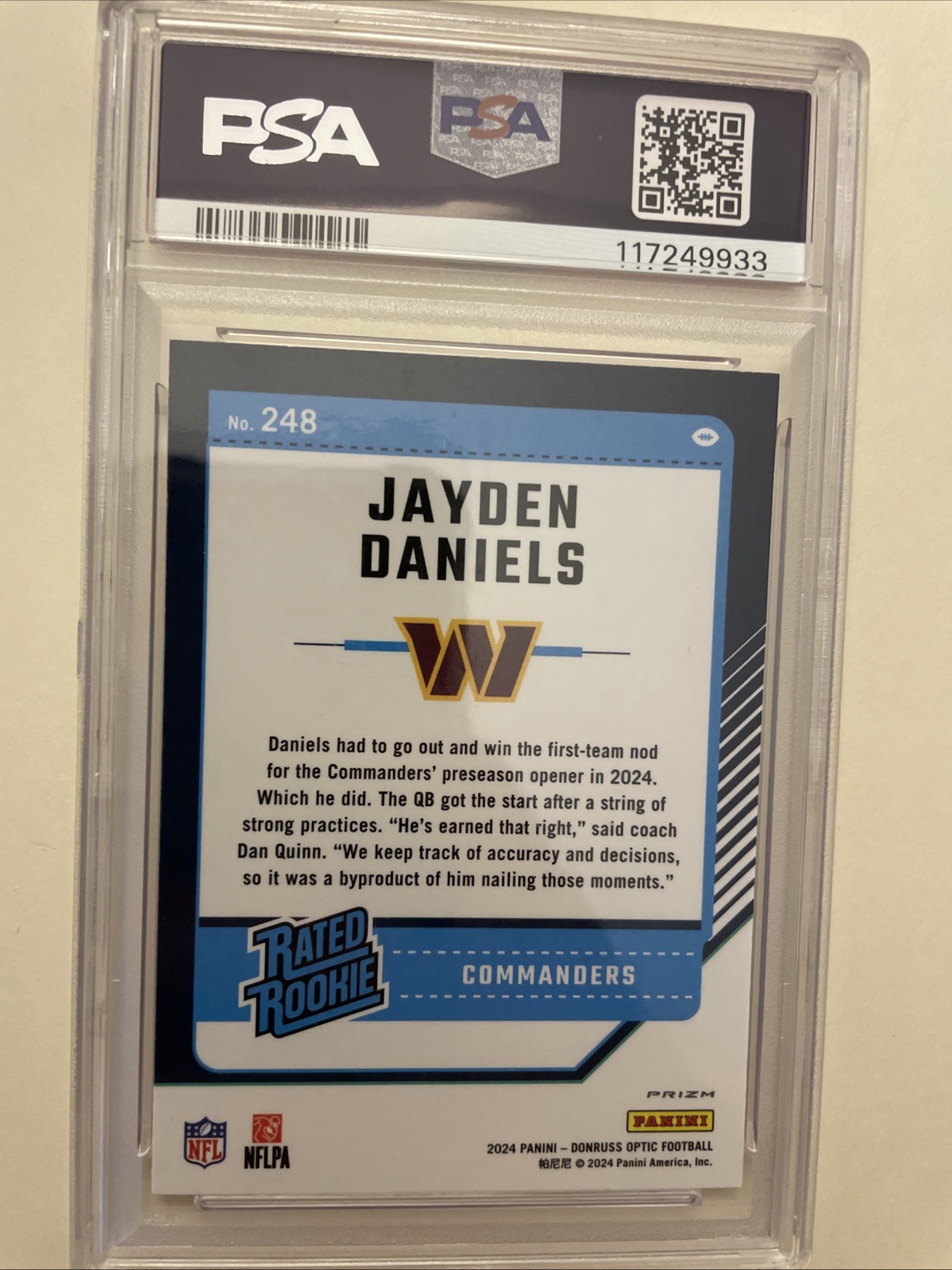 2024 Donruss Optic Rated Rookie Jayden Daniels #389 PSA Mint 9 Pink Prizm view 2