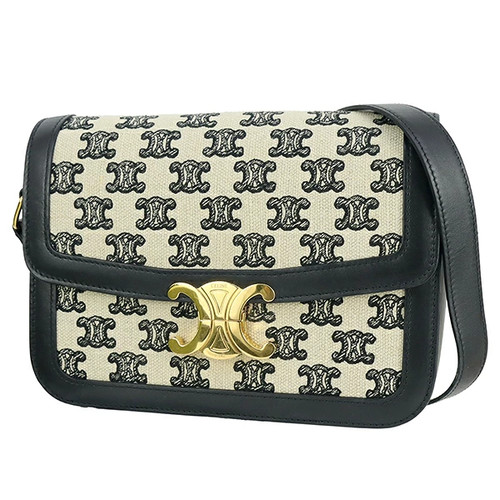 Celine Classic Triomphe Shoulder Bag Natural Black Triomphe Canvas Calfskin