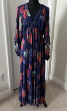FARM Rio Blue Multicolor Shiny Hearts Print Maxi Dress Open Back V-Neck, M