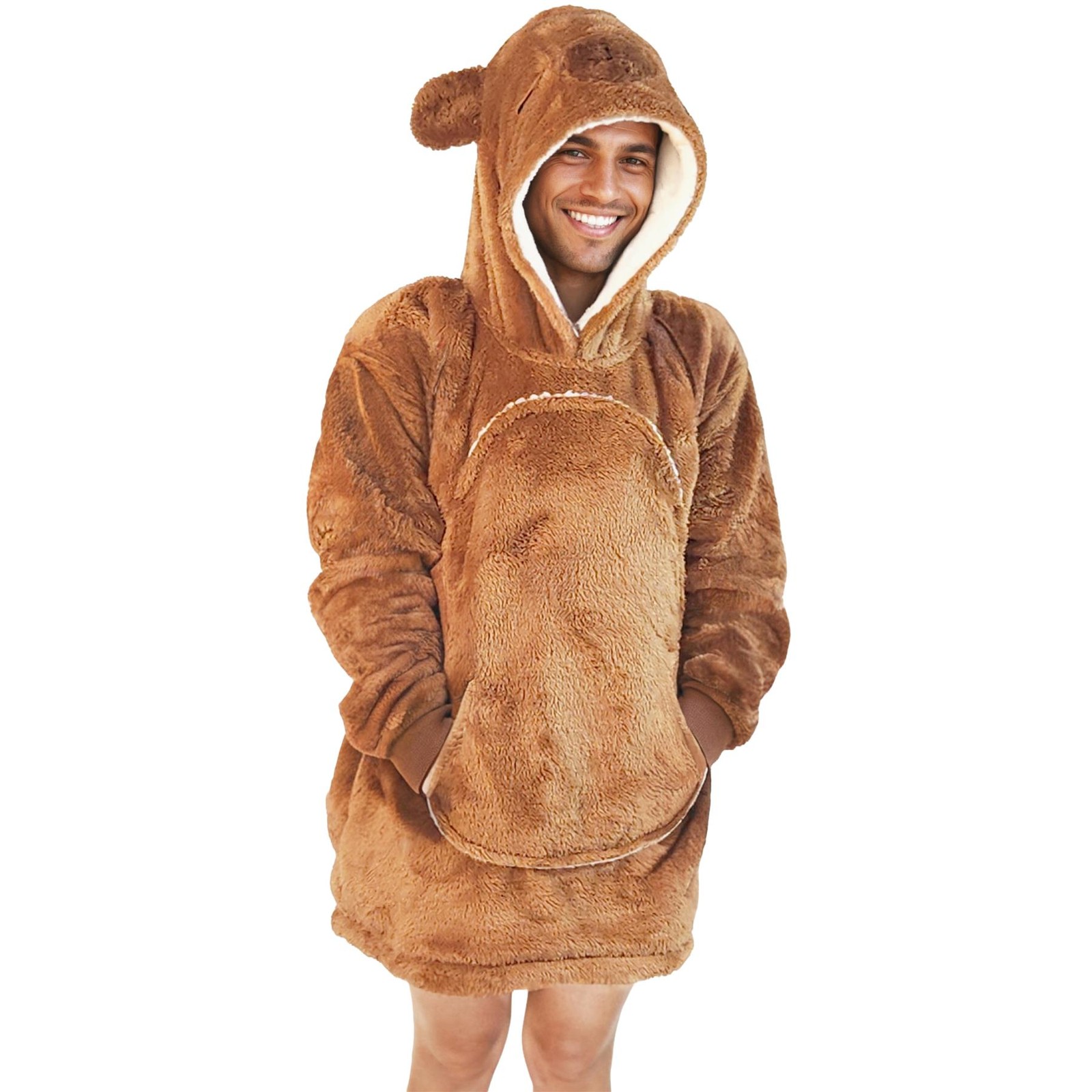Fleece Oversized Hoodie Capybara Brown Sherpa Plush Hooded Wearable Blanket XL