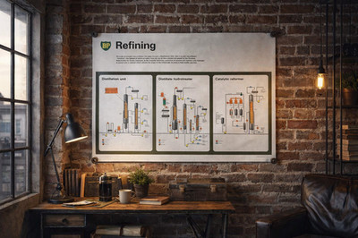 Original 70er Jahre BP Öl ''Raffination'' technisches Diagramm Grafik Poster 76x56cm groß