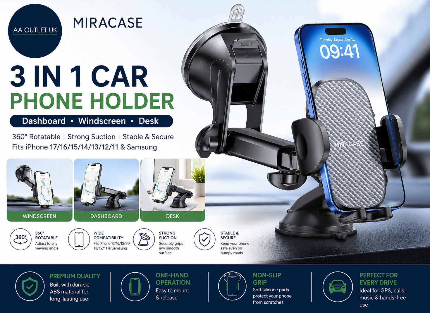 Miracase Car Phone Holder Dashboard Windscreen Desk 3 in 1 Mobile Mount