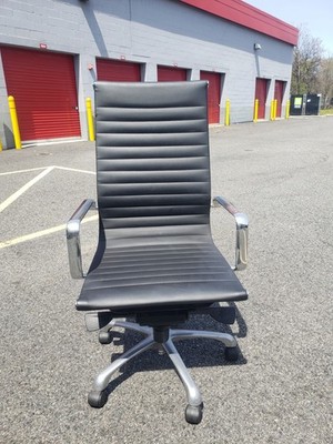 Office Chair High Back Executive Style Ribbed Leather Black Eames Style