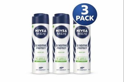 3x NIVEA Men Sensitive Protect 48hr Antiperspirant Deodorant Spray 150ml