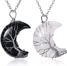 2 Pcs Moon Crystal Necklace Life Tree Wire Wrapped Crescent Pendant Crystal Quar
