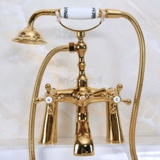 Gold Deck Mount Clawfoot Bathtub Faucet Mixer Tap with Hand Shower Spray Set