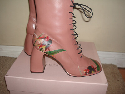 NWB L'AUTRE CHOSE Pink Leather Floral Women Pump Heel lace up Boots 37 Italy 