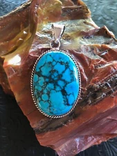 Blue Cloud Mountain Turquoise Oval Pendant 2" Web Matrix Rope Bezel Artisan