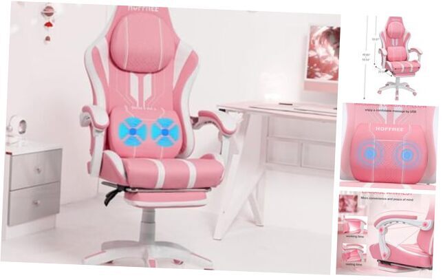 Pink Gaming Chair with Massage for Big and Tall Adults up to 400lbs-image