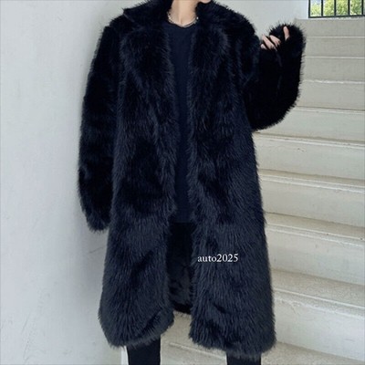 Winter Mens Lapel Collar Faux Fur Coat Mid Long Overcoat Over Knee Loose Outwear