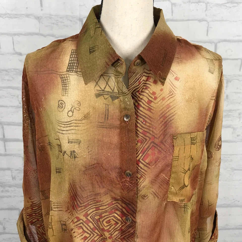 Coldwater Creek XL Shirt Top Sheer Button Up Earthtones Lightweight Gold Accents - Image 2 of 4