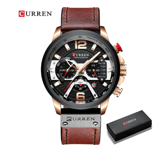 Montre sport homme avec bracelet cuir marron foncé boîtier Curren étanche et cadran noir mat