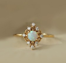 Vintage Round Cut Fire Opal Cubic Zirconia Halo Engagement Women Ring- All Size