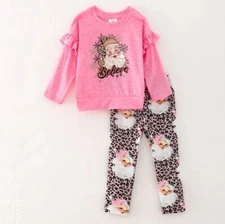NEW Boutique Santa Claus Pink Shirt & Leopard Leggings Girls Christmas Outfit