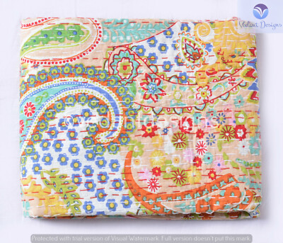 Indian Block Paisley Kantha Quilt Bedspread Blanket Throw Cotton Twin Size Gudri