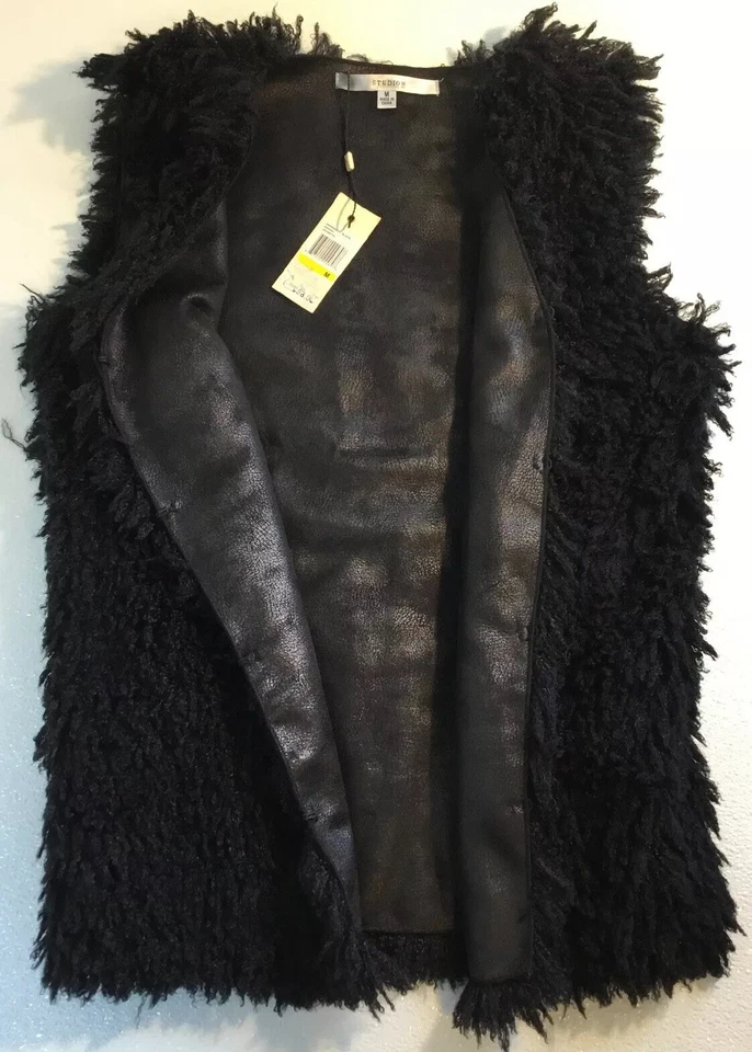 NUEVO STUDIO M Mujer Negro Pestañas Piel Chaleco Medio Tejido Vestido Flecos Chaqueta Abrigo Foto 2 de 4