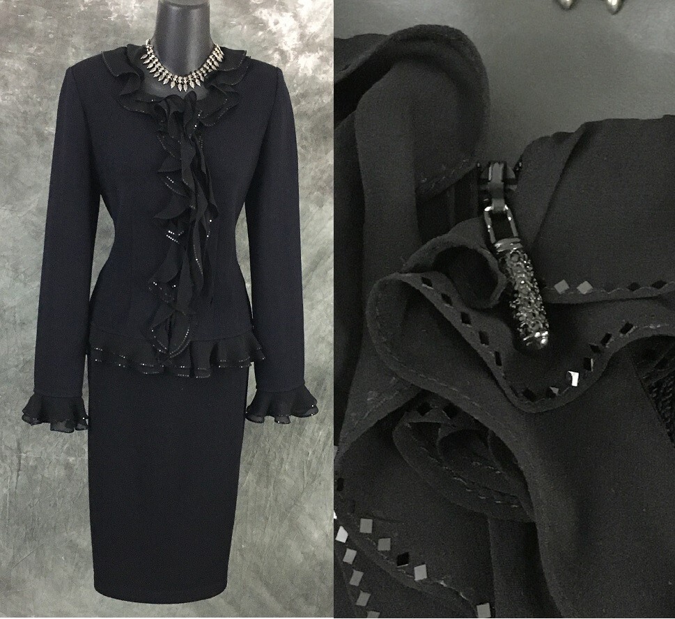 BEAUTIFUL St John evening jacket knit black embellished ruffle
