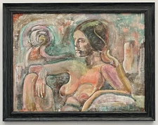 Mid Century 60s Nude Reclining Female Figure Modernist Cubism Abstract Painting