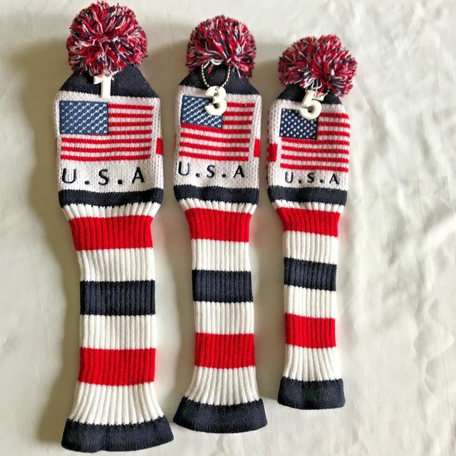 NEW USA American Flag Knit Headcover Set Vintage Pom Pom Style Head