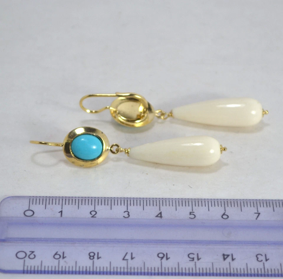 ORECCHINI ARGENTO 925 DORATO TURCHESE NATURALE CABOCHON PENDOLI OSSO AGHT 0903 - Immagine 3 di 3