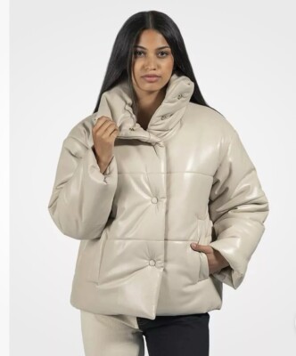 NANUSHKA HIDE OKOBOR WOMENS PUFFER JACKET UK M CREAM VEGAN LEATHER $498