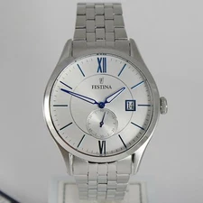 FESTINA WATCH QUARTZ MOVEMENT, BIG 43 MM CASE WITH DATE 5 ATM, WHITE & BLUE FACE