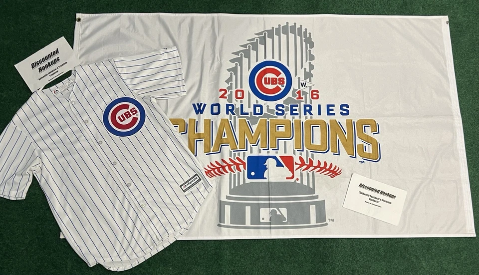 Camiseta majestuosa de los Chicago Cubs 2016 campeones de la Serie Mundial 3' x 5' bandera para hombre talla M Foto 2 de 4