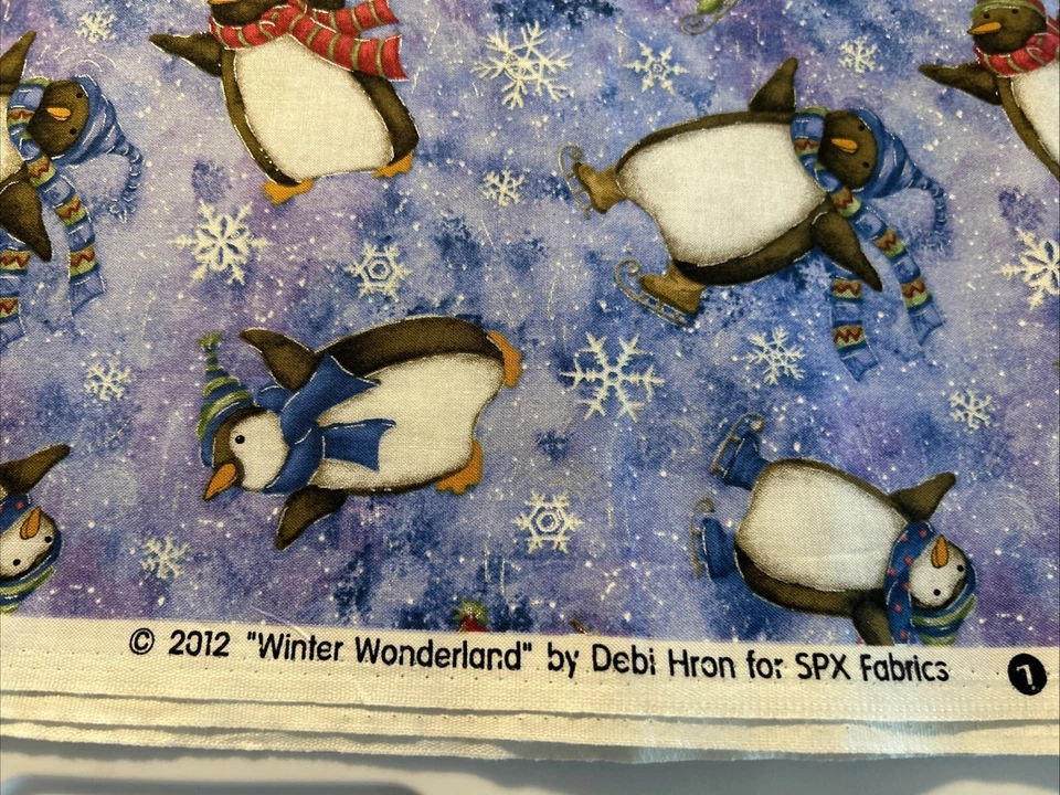 BonEful FABRIC FQ Cotton Quilt Blue White Ice Glitter Snowflake Penguin Xmas 2 Y - Image 2 of 3