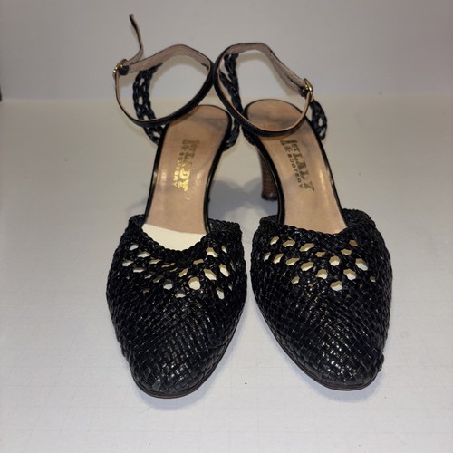 First Lady Bootery Women’s Ankle Strap Leather Woven Pumps Black Sz 8.5 B