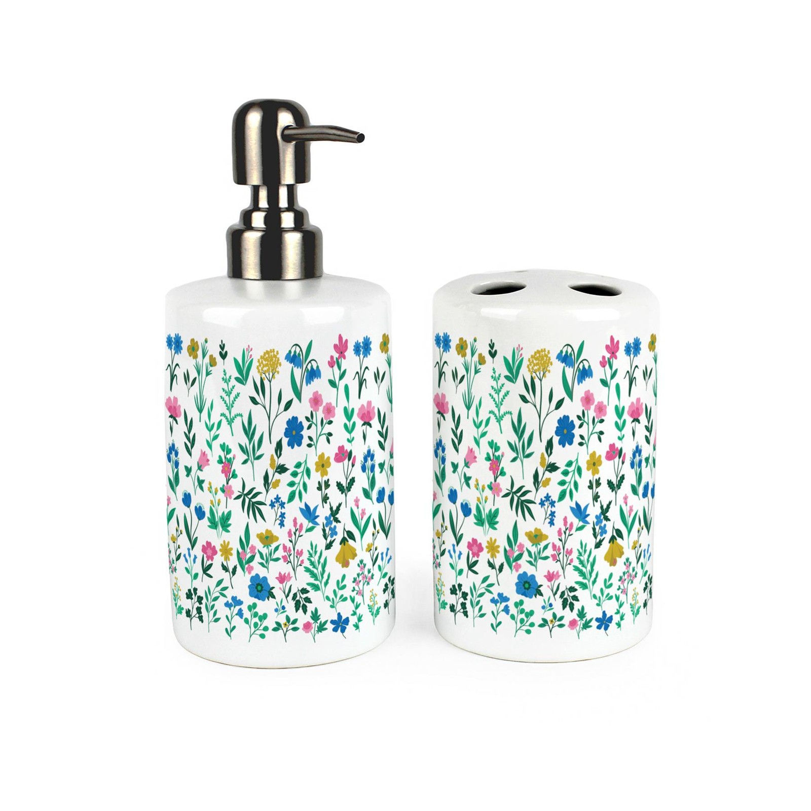 Flowers & Foliage Bathroom Set - Ceramic Soap Dispenser & Toothbrush Holder