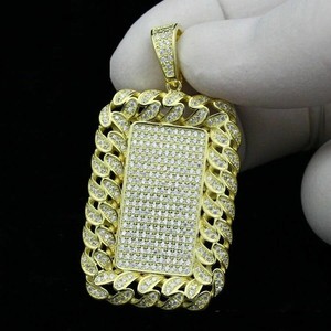 Authentic 4Ct Round Cut Real Moissanite Dog Tag Charm Men's Pendant 14K Yellow Gold Plated