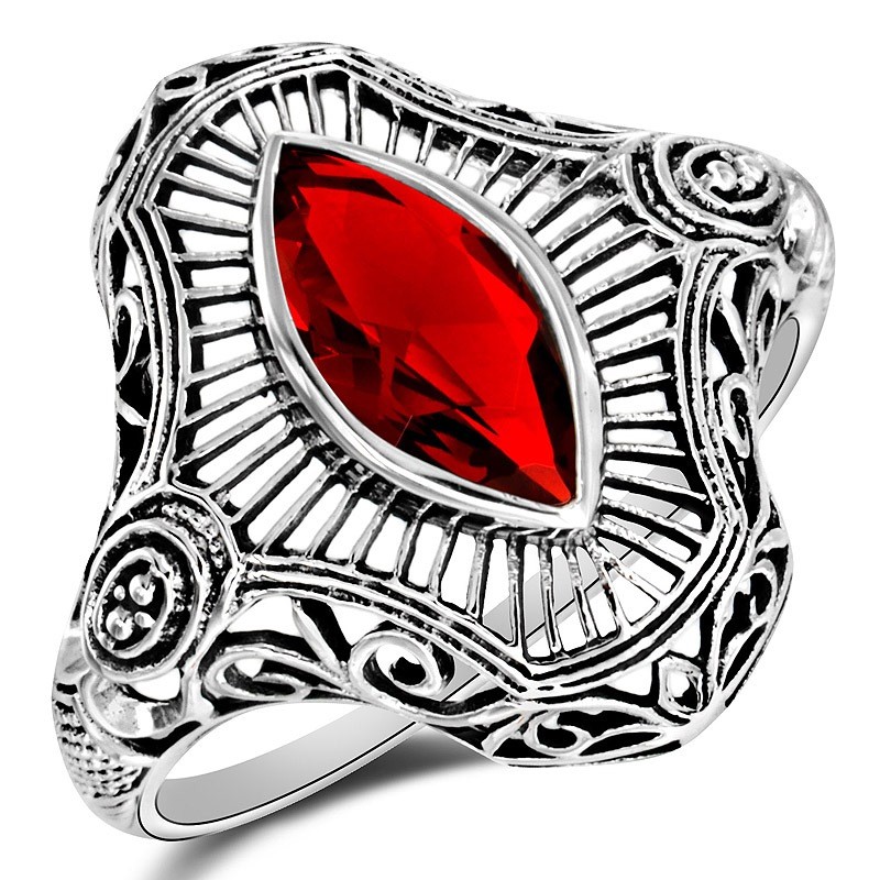 1CT  Fire Garnet 925 Solid Sterling Silver Victorian Style Ring Sz 6