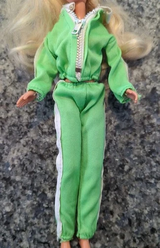 Skipper Barbie Clone Doll Vintage Green White Trim Track Suit 2 Piece Zipper