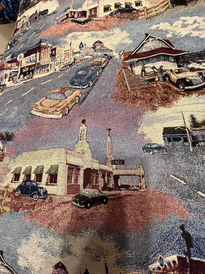 Fabric Remnant Tapestry Small Town Streets Motorcycles Cars Pattern 44"x56" - Image 4 of 4
