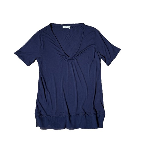 Vince Navy Blue T-Shirt Size Small V Neck Top Tee Sheer Silk Hem Short Sleeve - Picture 1 of 6