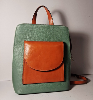 Divina Firenze Green/Brown Pebbled Backpack Top Handle Zip w/ Pockets