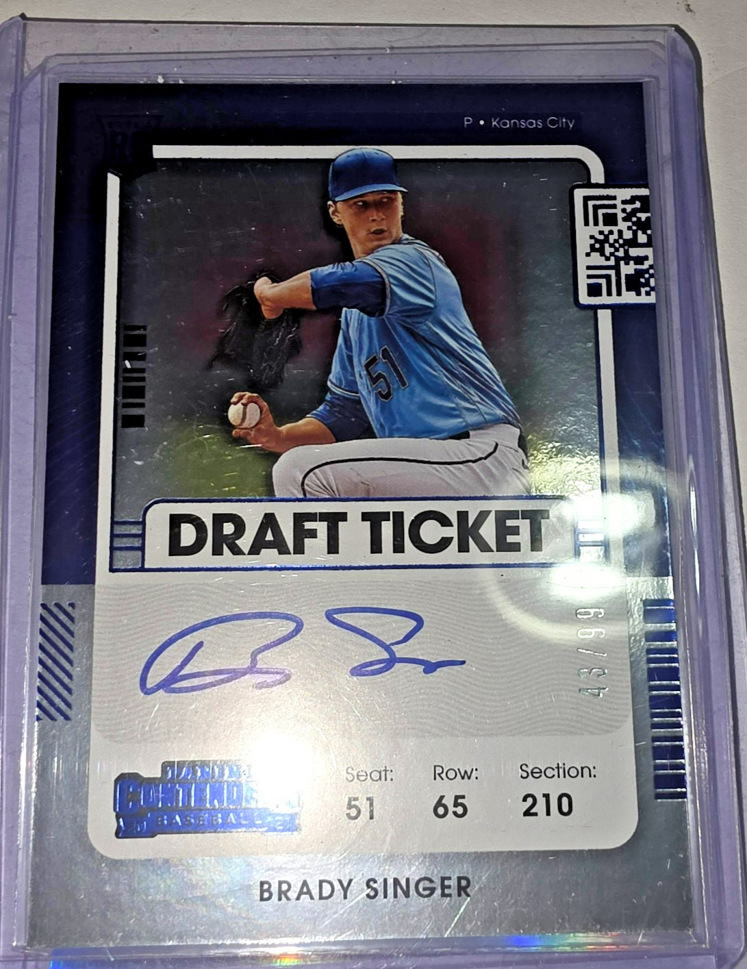 2021 PANINI CONTENDERS BLUE DRAFT TICKET #120 BRADY SINGER RC AUTO 43/99 -ROYALS view 2