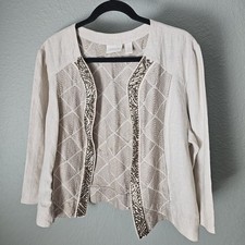 Chico's 100 Beaded Embroidered Open Blazer Jacket Size 2/L/12 Pockets Sleeves