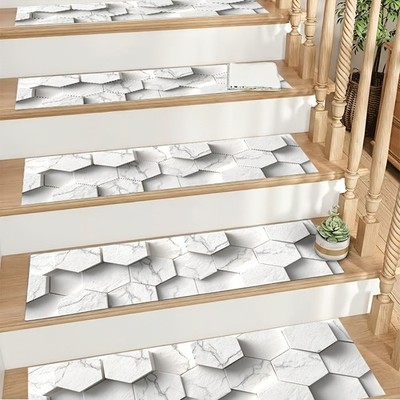 2D Flat White Marble Patterned Hexagonal Three-Dimensional Stair Mat, Machine