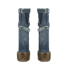Harajuku Leg Covers with Buckled Strap Furry Spliced Jeans Flared Leg Warmer